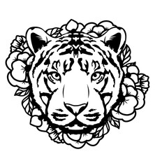 Tiger with flowers outline, vector illustration. Wodland animal icon isolated