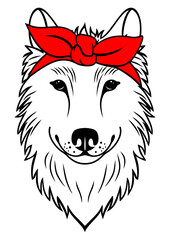 Wolf with red bandana outline, vector illustration, forest animal. Wodland animal icon isolated