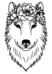 Fototapeta na wymiar Wolf with flowers crown on head outline, vector illustration, floral forest animal. Wodland animal icon isolated