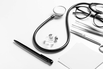 Stethoscope, glasses and doctor's tools on white background