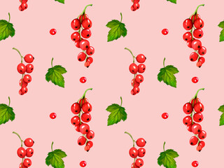 Seamless pattern with red berries. Watercolor currant isolated on pink background. Hand drawn botanical illustration. Clip art berry branches. Viva Magenta color.
