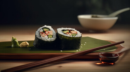 Hyper realistic freestanding heart shaped white rice hand roll wrapped with little bit of seaweed with a mini soy sauce bottle, a mini bowl of noodles, and a dab of wasabi on the side