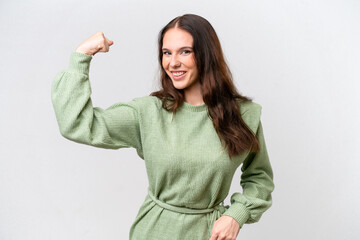 Young caucasian woman isolated on white background doing strong gesture