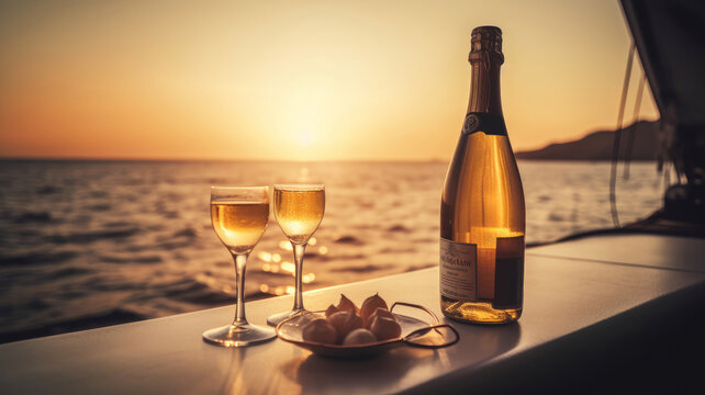 Romantic wine on yacht. Illustration AI Generative