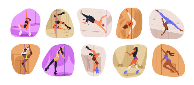 Pole dancers performing set. Young sexy women, men dancing erotic poledance, sport performance. Strong girls on heels, guys in flexible poses. Flat vector illustrations isolated on white background