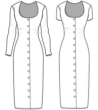 Button Down Bodycon Pencil Cut Tight Dress Fashion Illustration, Vector, CAD, Technical Drawing, Flat Drawing, Template, Mockup.