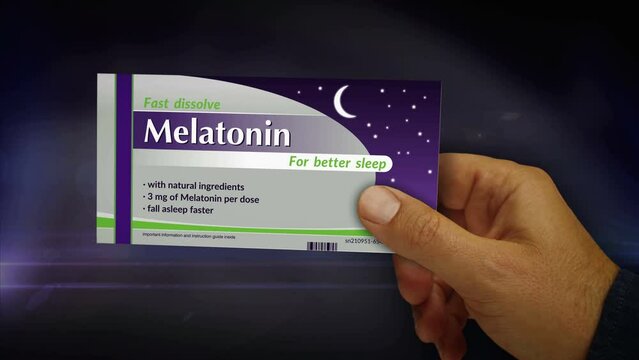 Melatonin tablets box in hand. Medical sleeplessness help and insomnia remedy pills pack. Abstract concept 3d rendering animation.