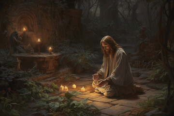 Jesus Christ Praying in Garden of Gethsemane art, Generative AI