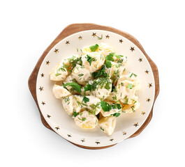 Plate of tasty Potato Salad with greens on white background