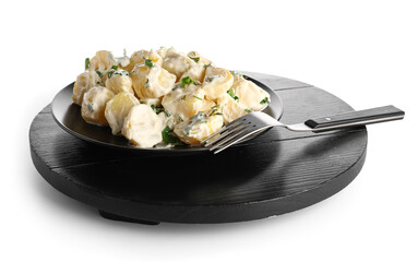 Plate of tasty Potato Salad with greens on white background