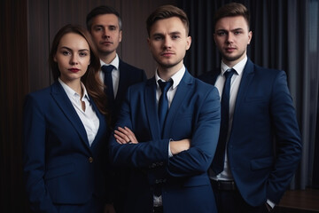 Portrait of a group of business people standing in a row and looking at the camera. selective focus, Generative AI