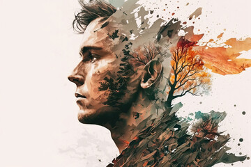 Portrait of a man double exposure with trees and mountains. Creative watercolor illustration. Generative Ai