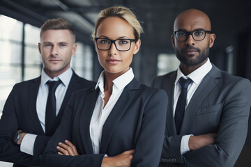 Portrait of three confident businesspeople standing with arms crossed in office. selective focus, Generative AI
