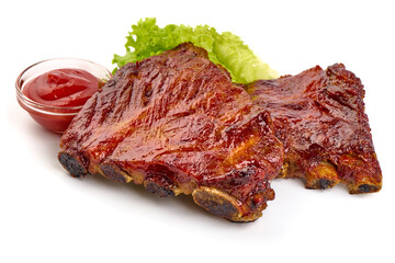 Delicious Grilled Ribs with bbq sauce, isolated on a white background. Close-up.