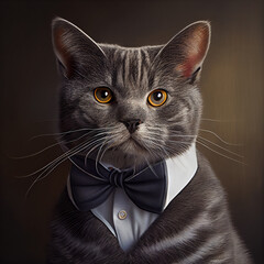 portrait of an elegant cat in a bow tie on a dark background