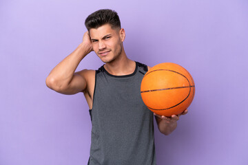 young caucasian woman  basketball player man isolated on purple background having doubts