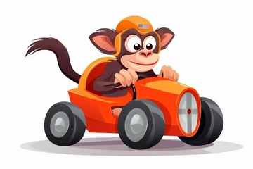 Zelfklevend Fotobehang Funny monkey driving a racing car, cartoon style. AI generated © StockMediaProduction