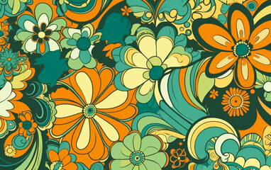 Fototapeta premium Colorful ‘70s Retro Style poster art with flowers, and psychedelic wavy shapes, colors in orange, pale blue, yellow and greens. Background texture. Illustrative Generative AI. 
