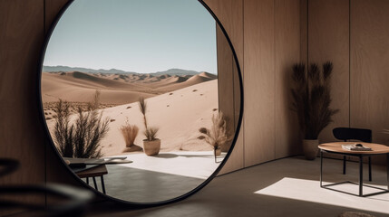 Large round mirror in desert Generated AI