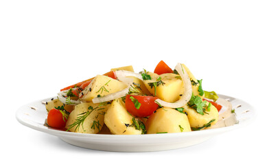 Plate of tasty Potato Salad with vegetables on white background