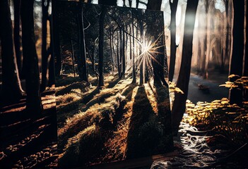 Panoramic view of a forest with sunlight shining through the trees. Generative AI