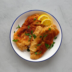 Homemade Chicken Cutlets on a Plate, top view. Flat lay, overhead, from above.