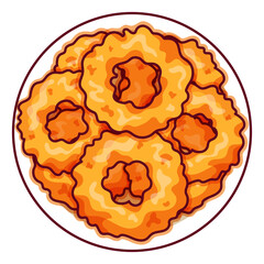 American fast food fried onion rings illustration vector.
Asian appetizers and finger food icon top view.
Fried onion rings top view cartoon.
Fast food crispy onion rings menu icon vector.