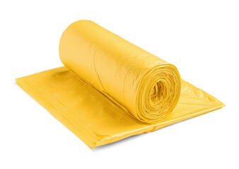 Yellow roll of garbage bags isolated on white background