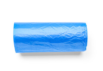 Blue roll of garbage bags isolated on white background