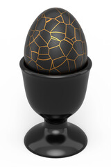 Easter egg with gold and black pattern in egg cup isolated on white background