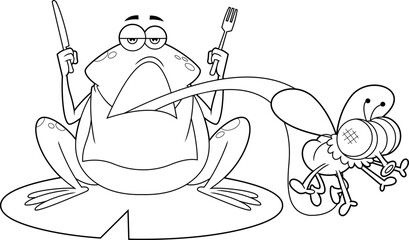 Outlined Frog Cartoon Character On A Leaf Catching Fly. Vector Hand Drawn Illustration Isolated On Transparent Background