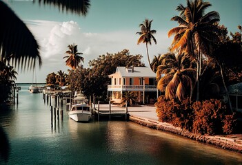 Waterfront homes and boats along the waterway in Marathon key in the Florida Keys. Generative AI - obrazy, fototapety, plakaty