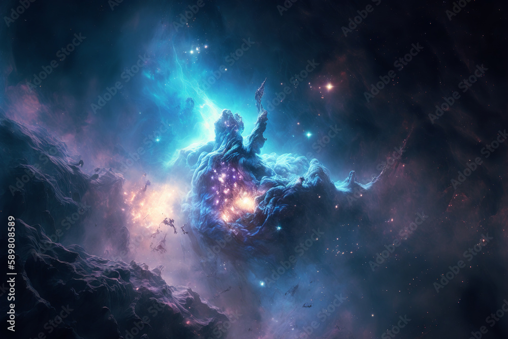 Leinwandbilder large view of a colorful dark blue nebula in space. cosmic background with bright shining stars, gal