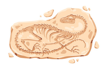 Dinosaur fossil stone. Archeology prehistoric art on rock with fossilized footprint, ancient imprint of dino, reptile skeleton silhouette. Flat cartoon vector illustration isolated on white background