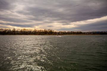 Windsurfing on a lake in the middle of the city of Krakow, Poland.