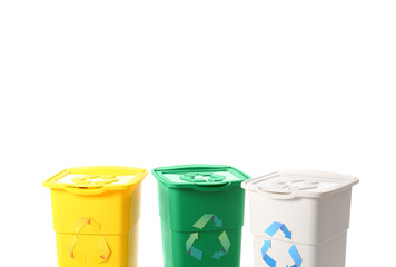 Containers for garbage isolated on white. Recycling concept