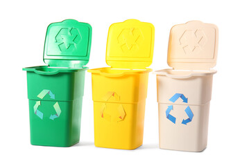 Containers for garbage isolated on white. Recycling concept