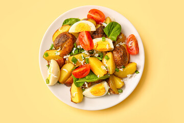 Plate of tasty potato salad with eggs and tomatoes on beige background, top view