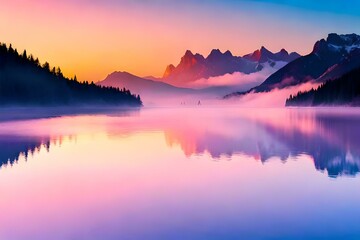 Reflection of clouds in the water at sunset, between mountains, fog