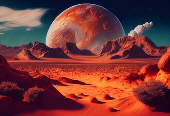 landscape on planet Mars, scenic desert surrounded by mountains red planet surface scene (3d space rendering). Generative AI