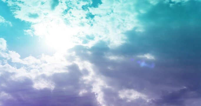 Cloudy sky with sun rays in 4K time lapse. Aqua blue and lavender colours. Watercolor painting transparent effect.
