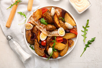 Plate of tasty potato salad with eggs, tomatoes and bacon on table, top view