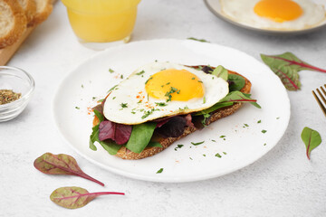 Delicious sandwich with fried egg and greens on light background