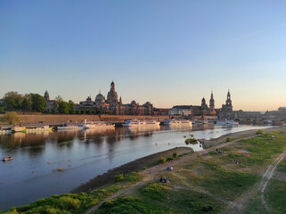 old town of Dresden, Germany on the Elbe River at dusk