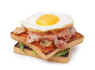 Delicious sandwich with fried egg on white background