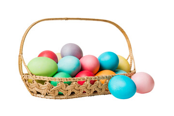Basket of colorful Easter eggs isolated on white background. Easter basket filled with colored eggs top view holiday concept