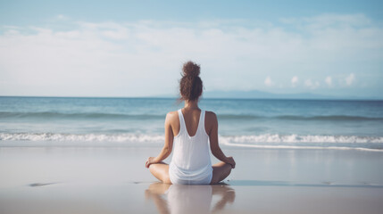Woman practicing yoga at seashore. Generative AI