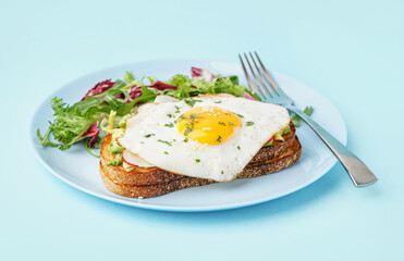 Delicious sandwich with fried egg and salad on blue background