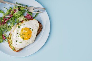 Delicious sandwich with fried egg and salad on blue background