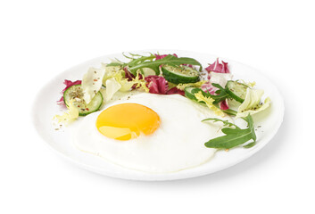 Plate with tasty fried egg and salad on white background